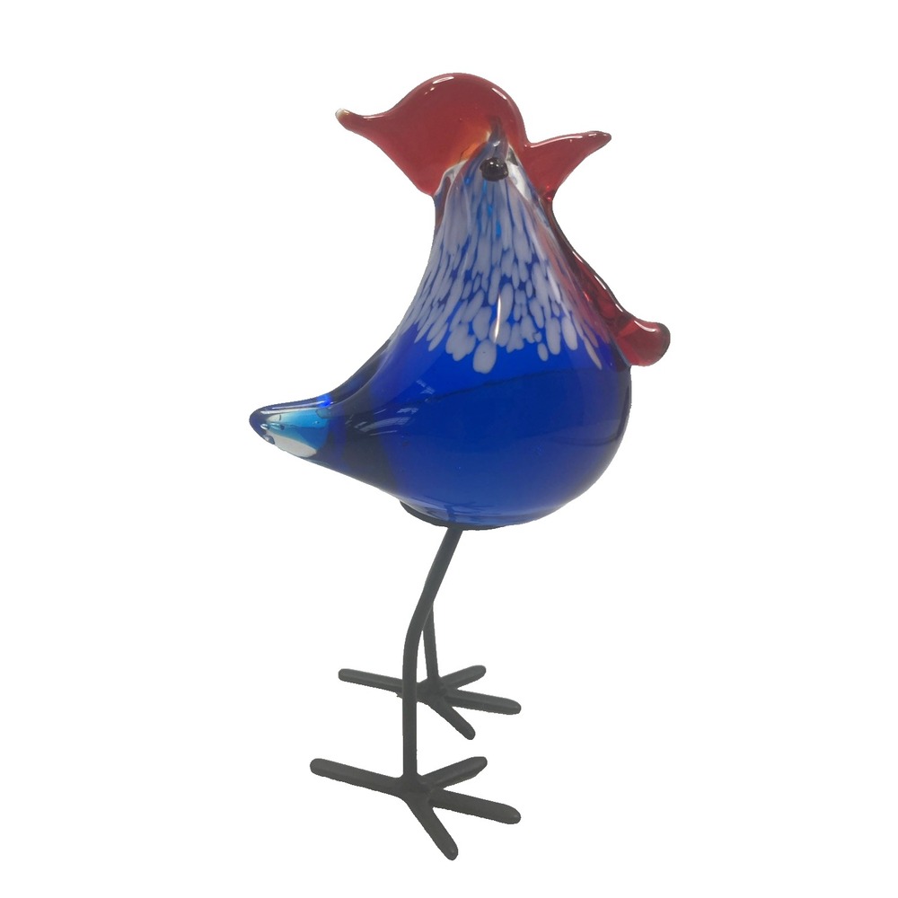Vintage Hand Blown Glass Colorful Rooster 7" Red White Blue Retro Decor